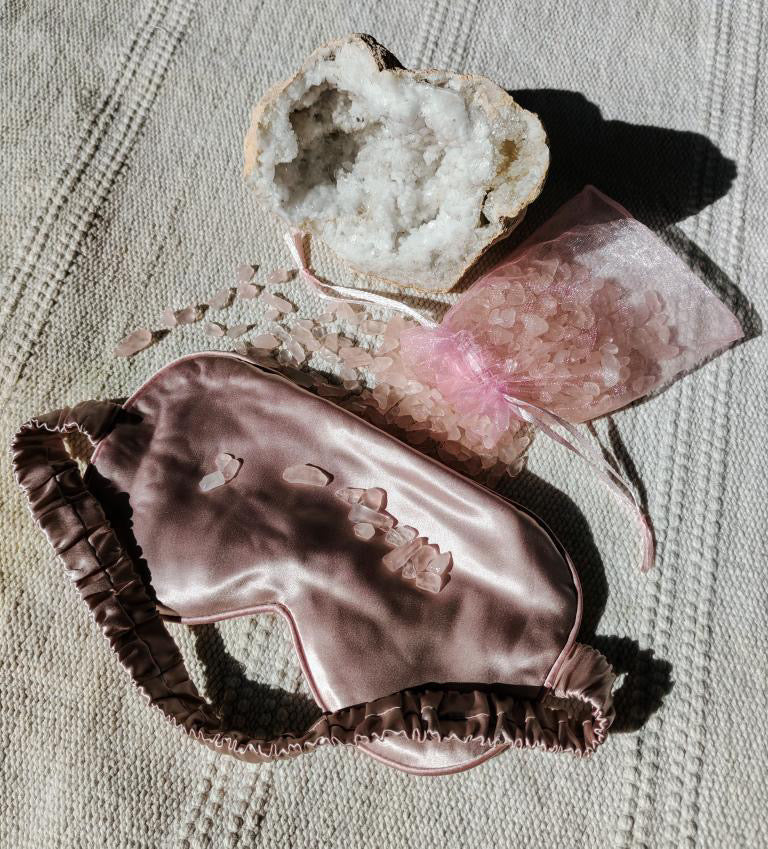 Silk eye mask with rose quartz, lavender infused and divine spray