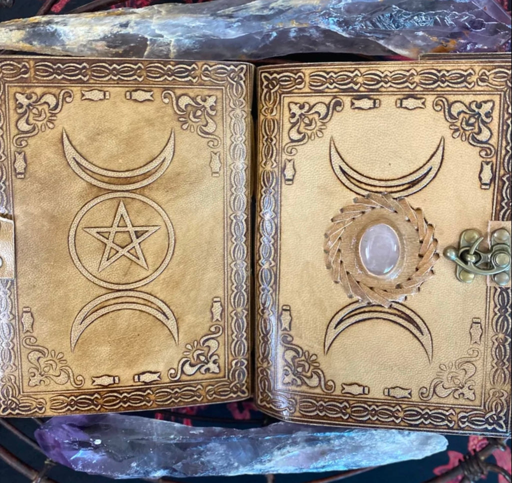 ✨ Triple Moon Rose Quartz Leather Grimoire Journal