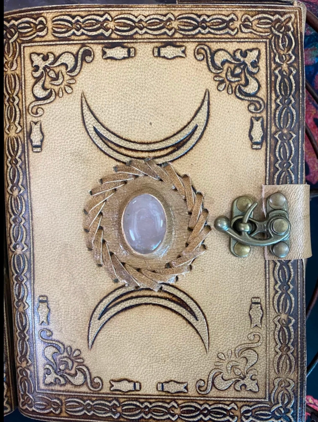 ✨ Triple Moon Rose Quartz Leather Grimoire Journal