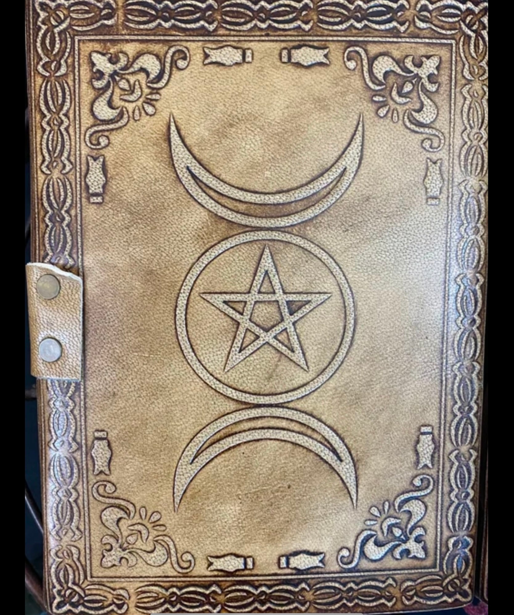 ✨ Triple Moon Rose Quartz Leather Grimoire Journal