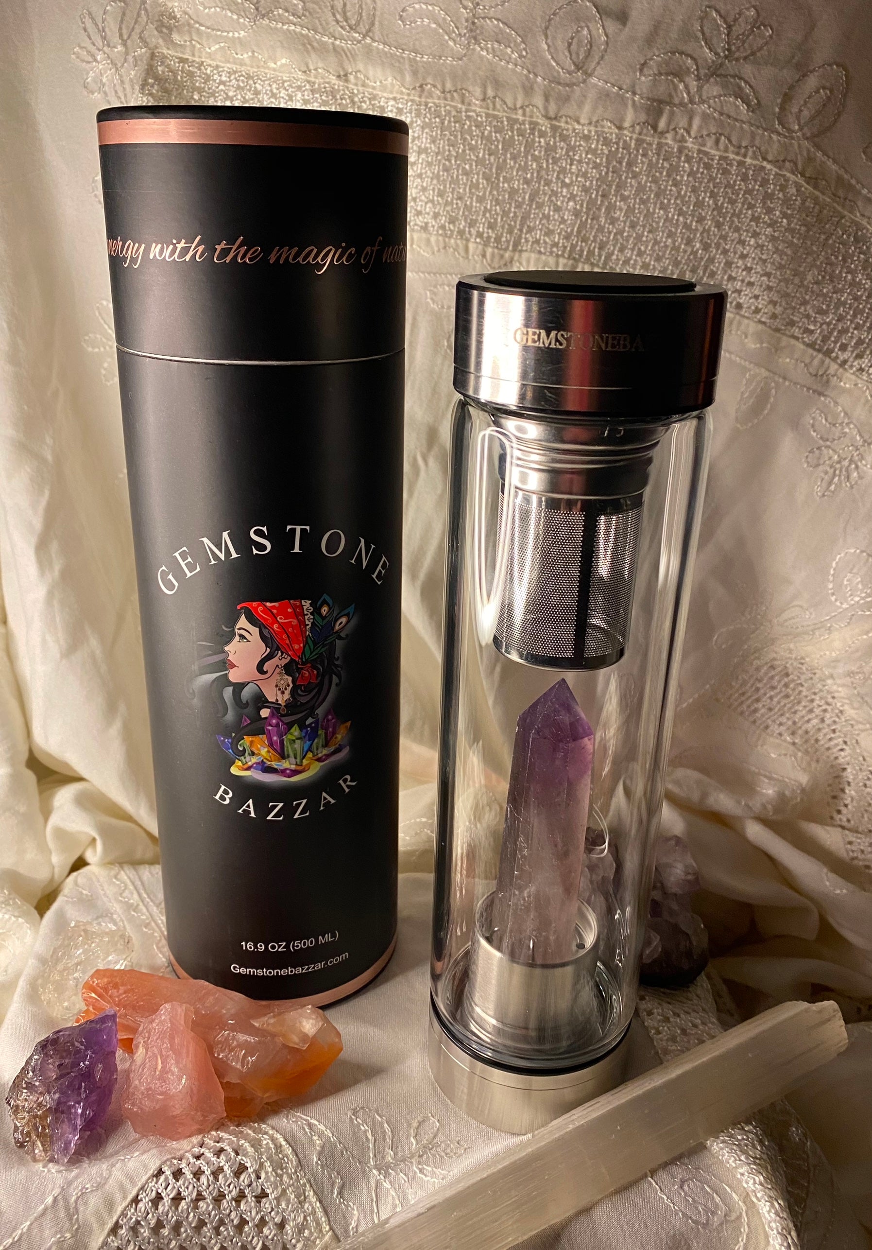 Amethyst Infused Water Bottle with Removable Tea Infuser | Menopause Support • PMS Relief • Anxiety & Sleep Aid